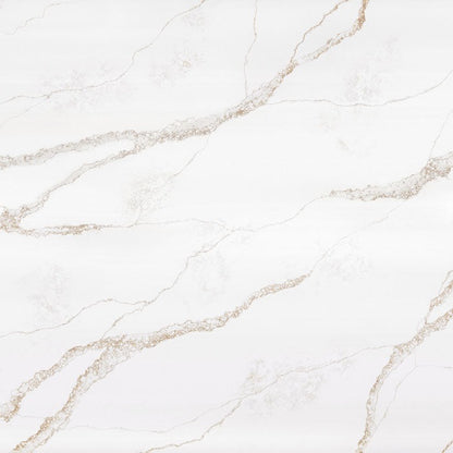 Nova Gold silica free quartz slab by Stratus Surfaces, white with gold and bronze veining, polished finish, close up