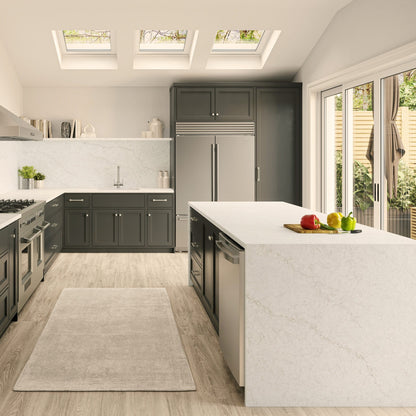 Nova Taj silica free quartz countertop by Stratus Surfaces in a finished kitchen
