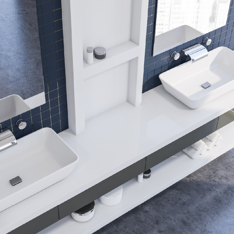 Oxford White silica free quartz countertop by Stratus Surfaces in a finished room