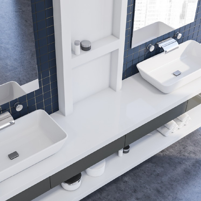 Oxford White silica free quartz countertop by Stratus Surfaces in a finished room