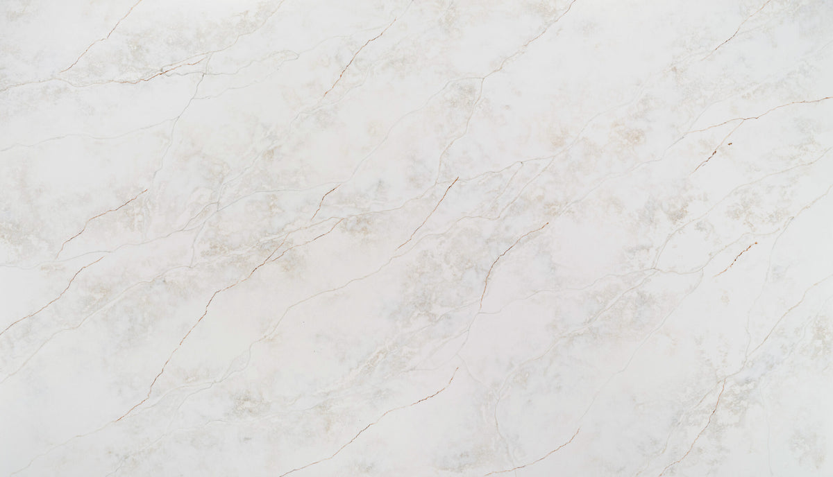 Paonazzo silica free quartz slab by Stratus Surfaces, white with gray, beige and rust veining, polished finish