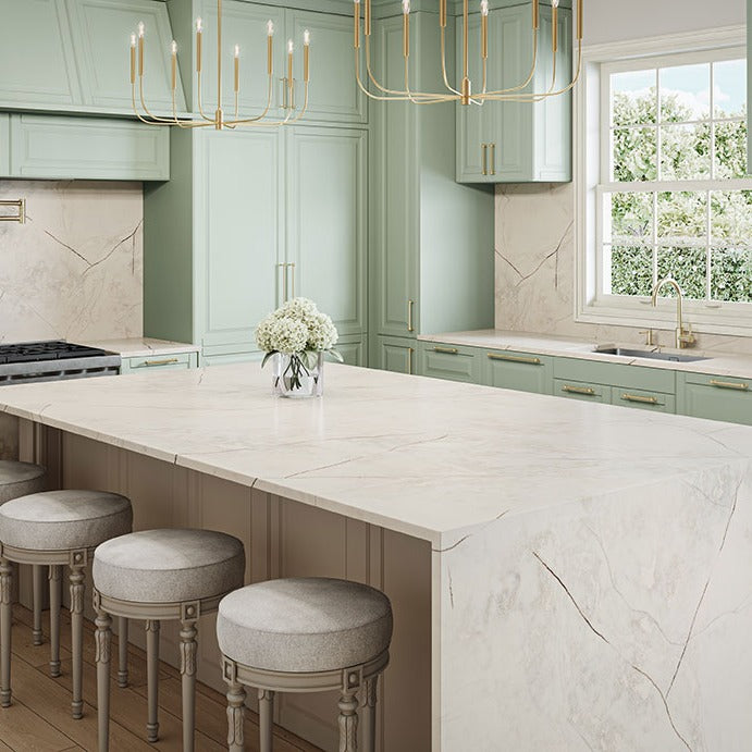 Paonazzo silica free quartz countertop by Stratus Surfaces in a finished kitchen