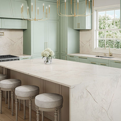 Paonazzo silica free quartz countertop by Stratus Surfaces in a finished kitchen