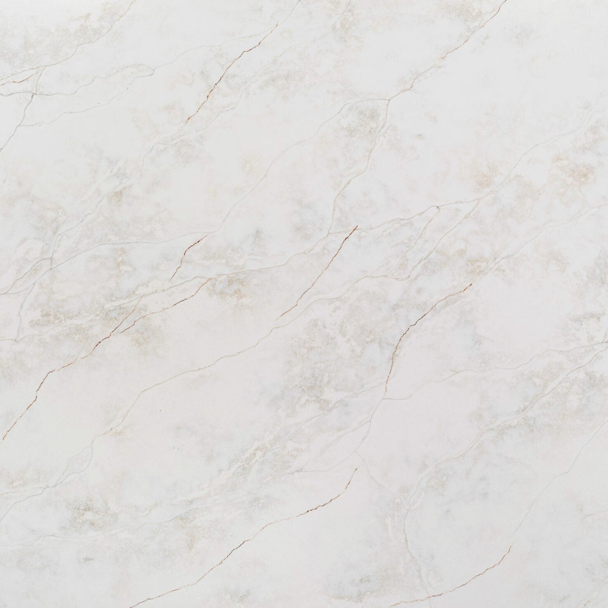 Paonazzo silica free quartz slab by Stratus Surfaces, white with gray, beige and rust veining, polished finish, close up