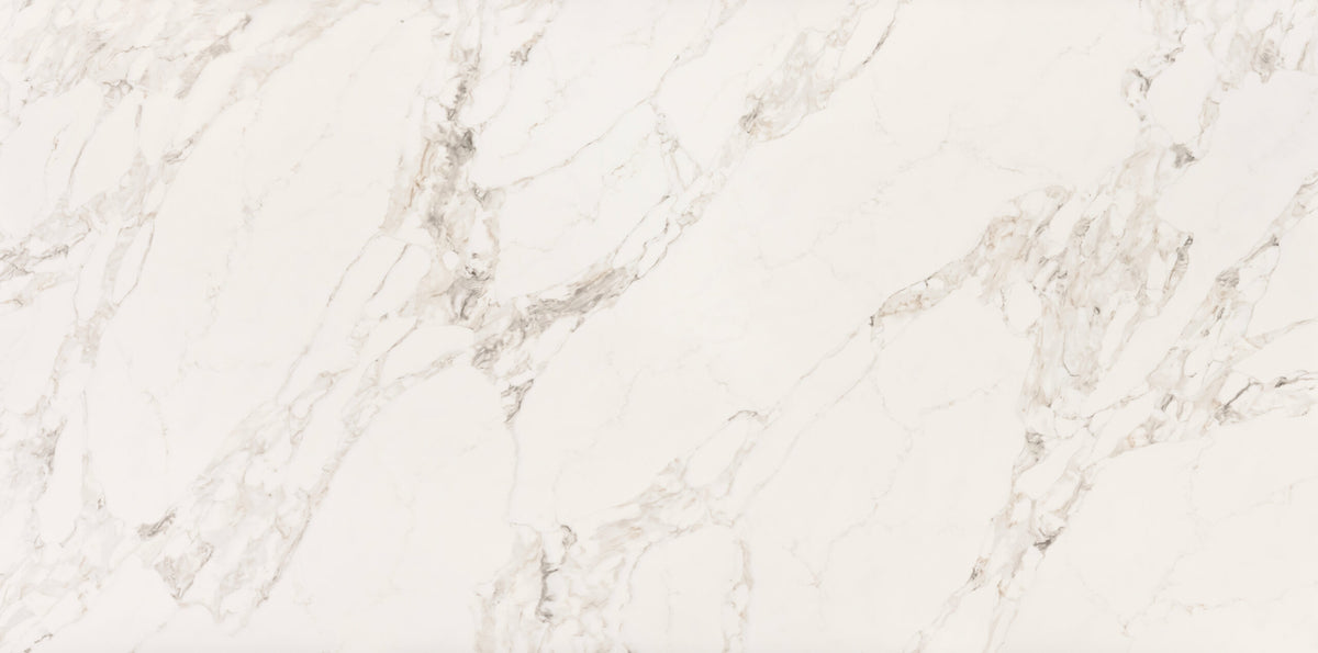 Regal Arabescato Gold Matte silica free quartz slab by Stratus Surfaces, white with gold and gray veining, matte finish