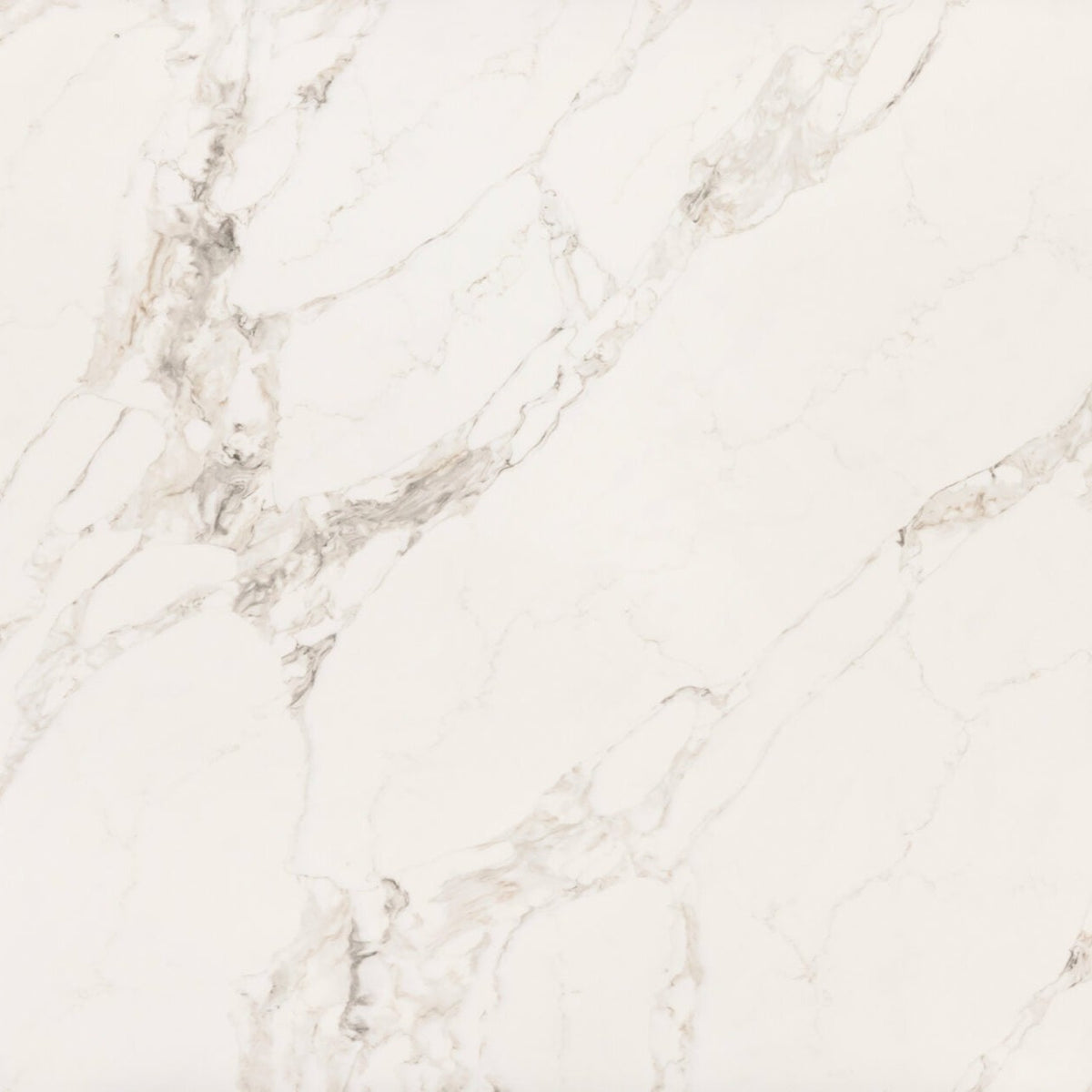 Regal Arabescato Gold silica free quartz slab by Stratus Surfaces, white with gold and gray veining, polished finish, close up