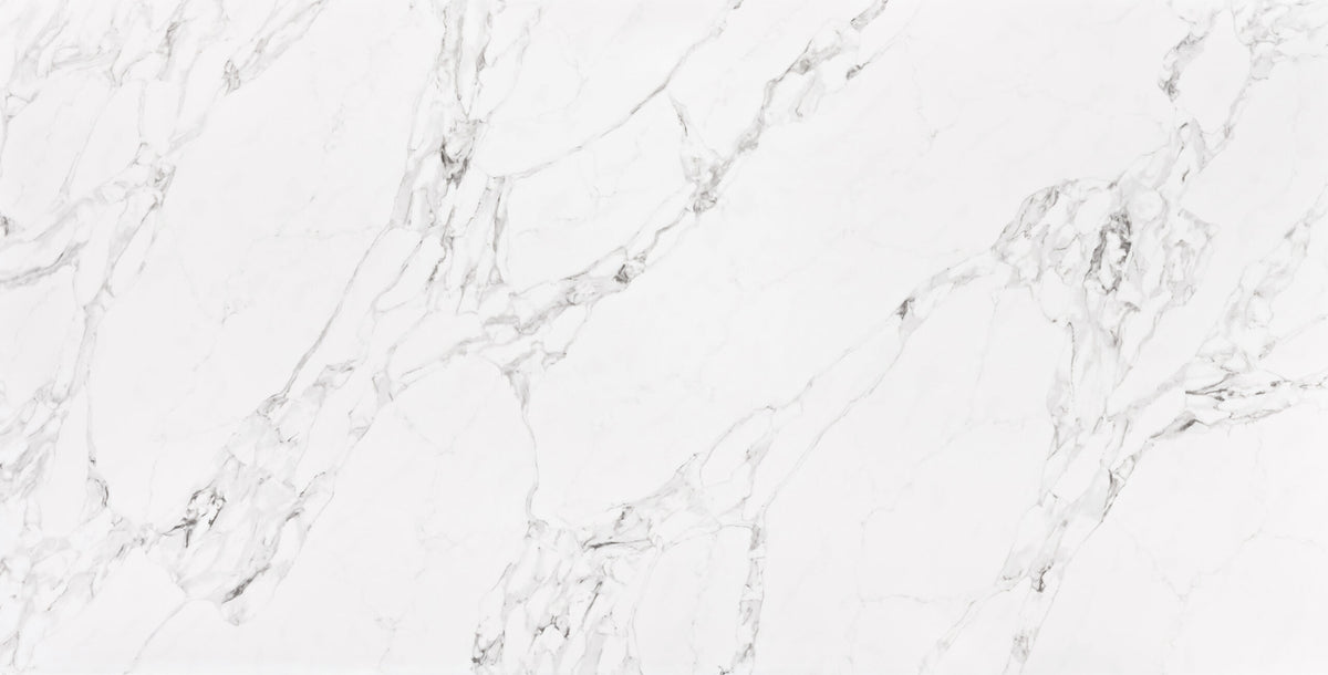 Regal Arabescato silica free quartz slab by Stratus Surfaces, white with gray veining, polished finish