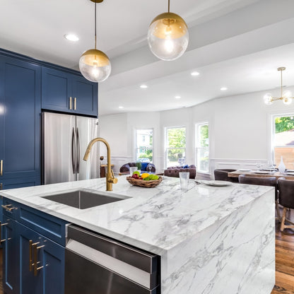 Regal Arabescato silica free quartz countertop by Stratus Surfaces in a finished room