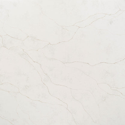 Regal d'Oro silica free quartz slab sample by Stratus Surfaces, white with gray and taupe veining, polished finish, close up