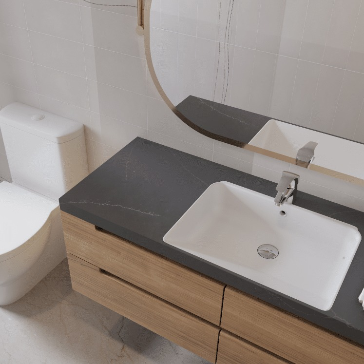 Regal Soapstone Matte silica free quartz countertop by Stratus Surfaces in a finished room