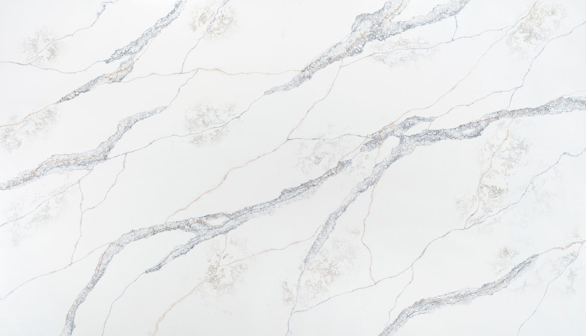 Sorrento silica free quartz slab by Stratus Surfaces, white with blue and bronze veining, polished finish