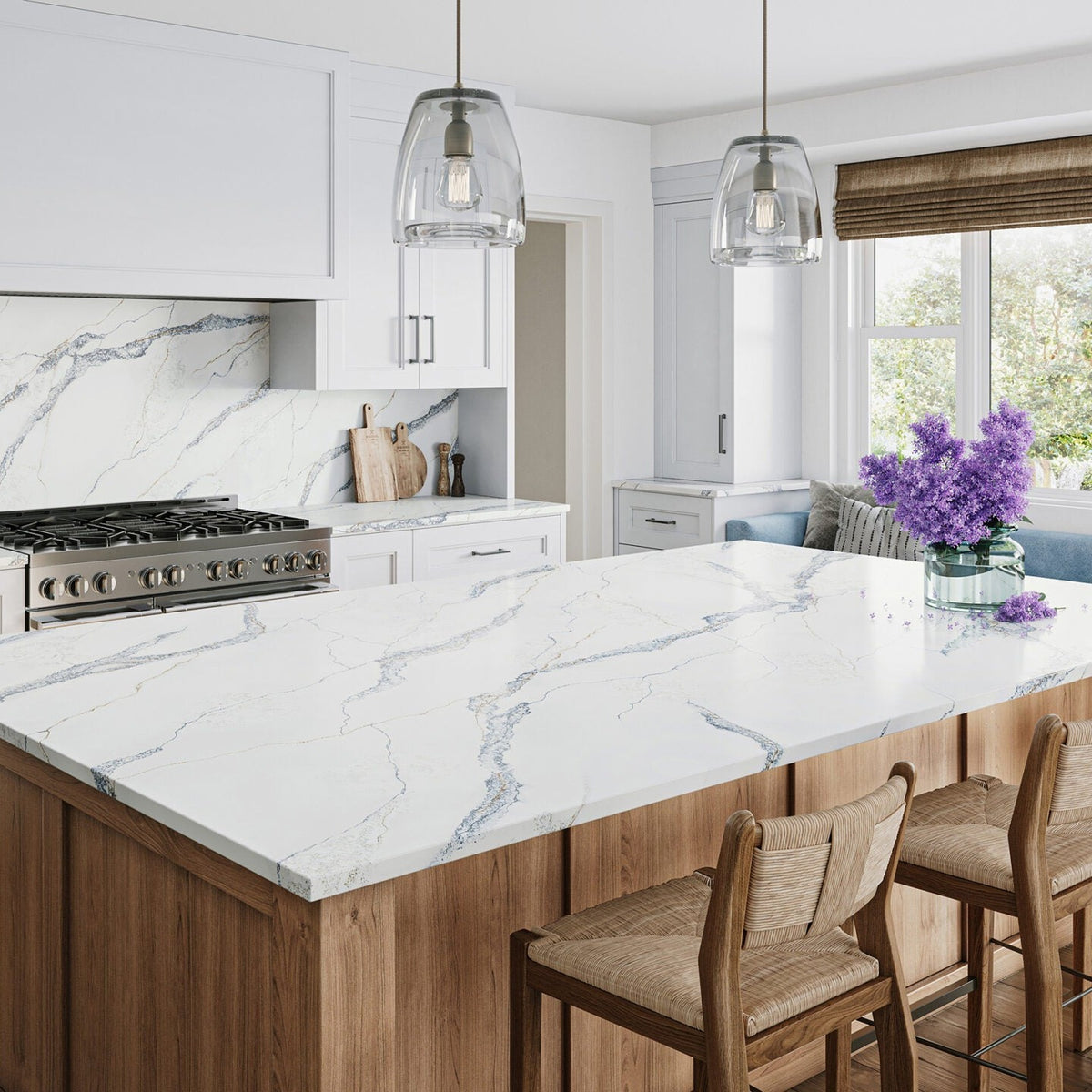 Sorrento silica free quartz countertop by Stratus Surfaces in a finished room