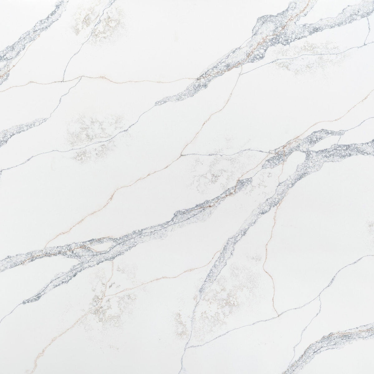 Sorrento silica free quartz slab by Stratus Surfaces, white with blue and bronze veining, polished finish, close up