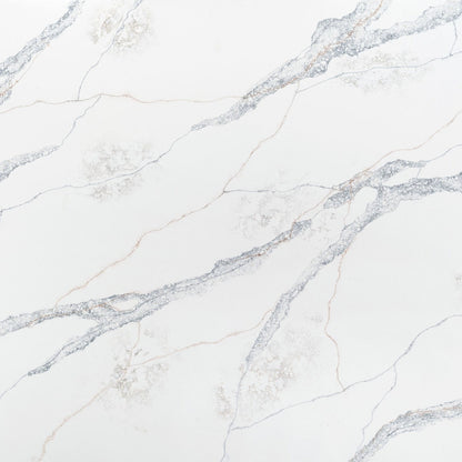 Sorrento silica free quartz slab by Stratus Surfaces, white with blue and bronze veining, polished finish, close up