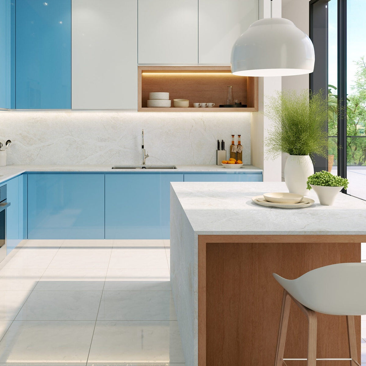 Taj Celine Matte silica free quartz countertop by Stratus Surfaces in a finished room