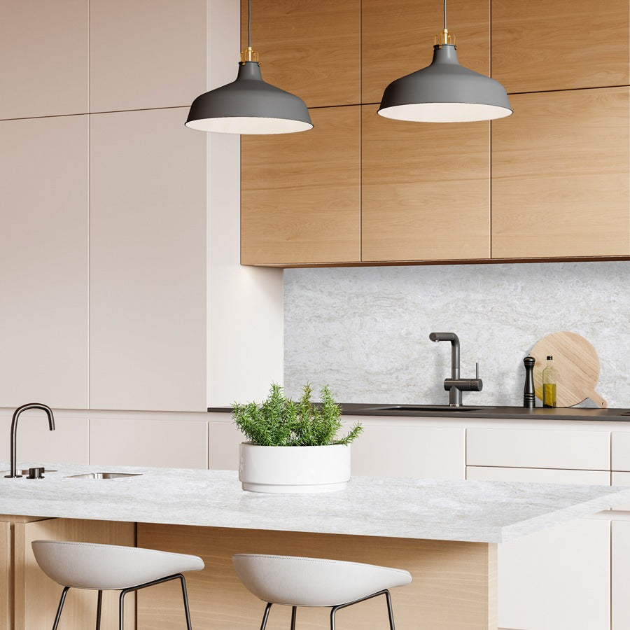 Taj LeClair silica free quartz countertop by Stratus Surfaces in a finished kitchen