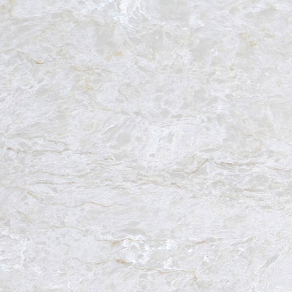 Taj LeClair silica free quartz slab by Stratus Surfaces, warm white with soft gold and taupe veining, polished finish, close up