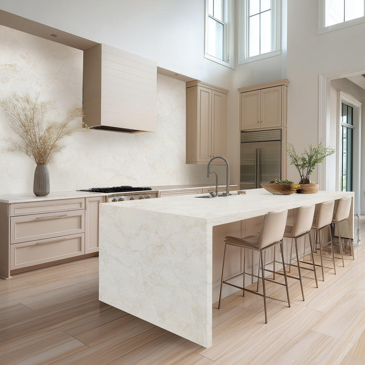 Taj Matera Matte silica free quartz countertop by Stratus Surfaces in a finished kitchen