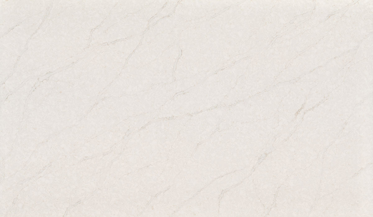 Taj Sienna silica free quartz slab by Stratus Surfaces, white with taupe veining, polished finish