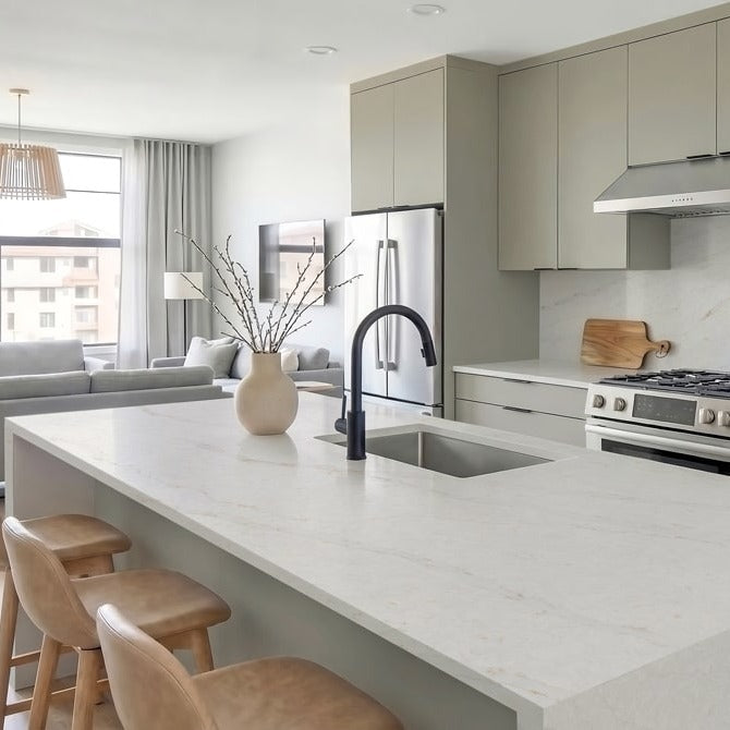 Taj Sienna silica free quartz countertop by Stratus Surfaces in a finished kitchen
