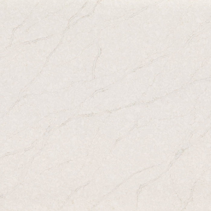 Taj Sienna silica free quartz slab by Stratus Surfaces, white with taupe veining, polished finish, close up