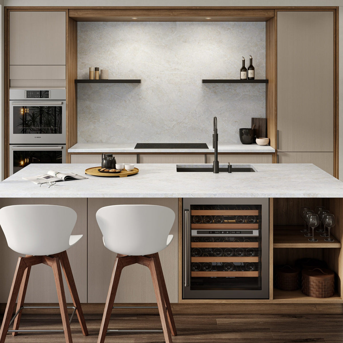 Taj Valmont silica free quartz countertop by Stratus Surfaces in a finished kitchen