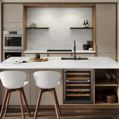 Taj Valmont silica free quartz countertop by Stratus Surfaces in a finished kitchen