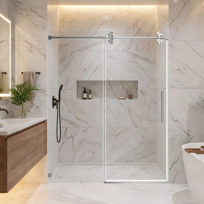 Cascade 76 inch stainless steel frameless single sliding shower door with fixed panel
