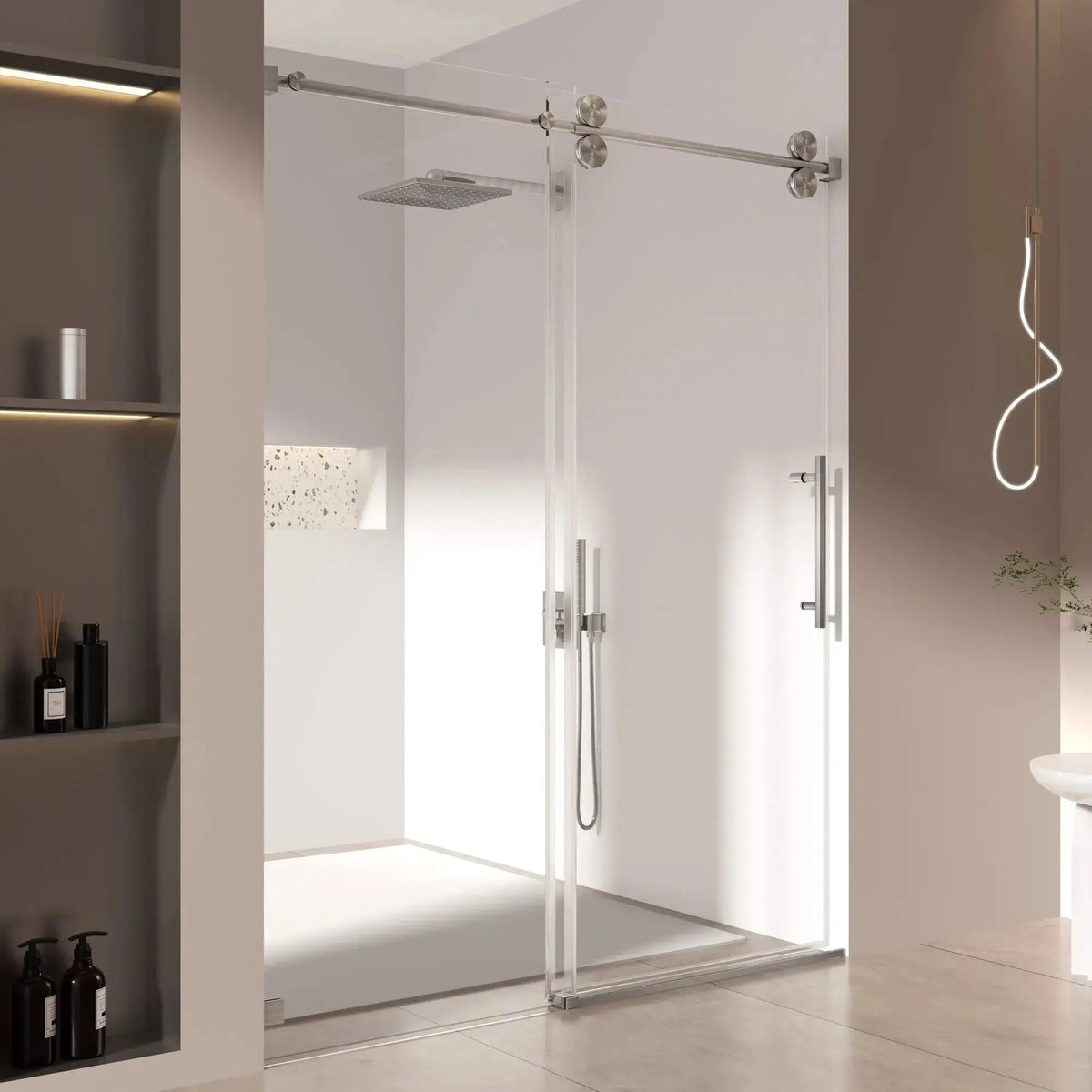 Additional view of the Cascade 76 inch frameless sliding shower door, 3/8 inch tempered glass