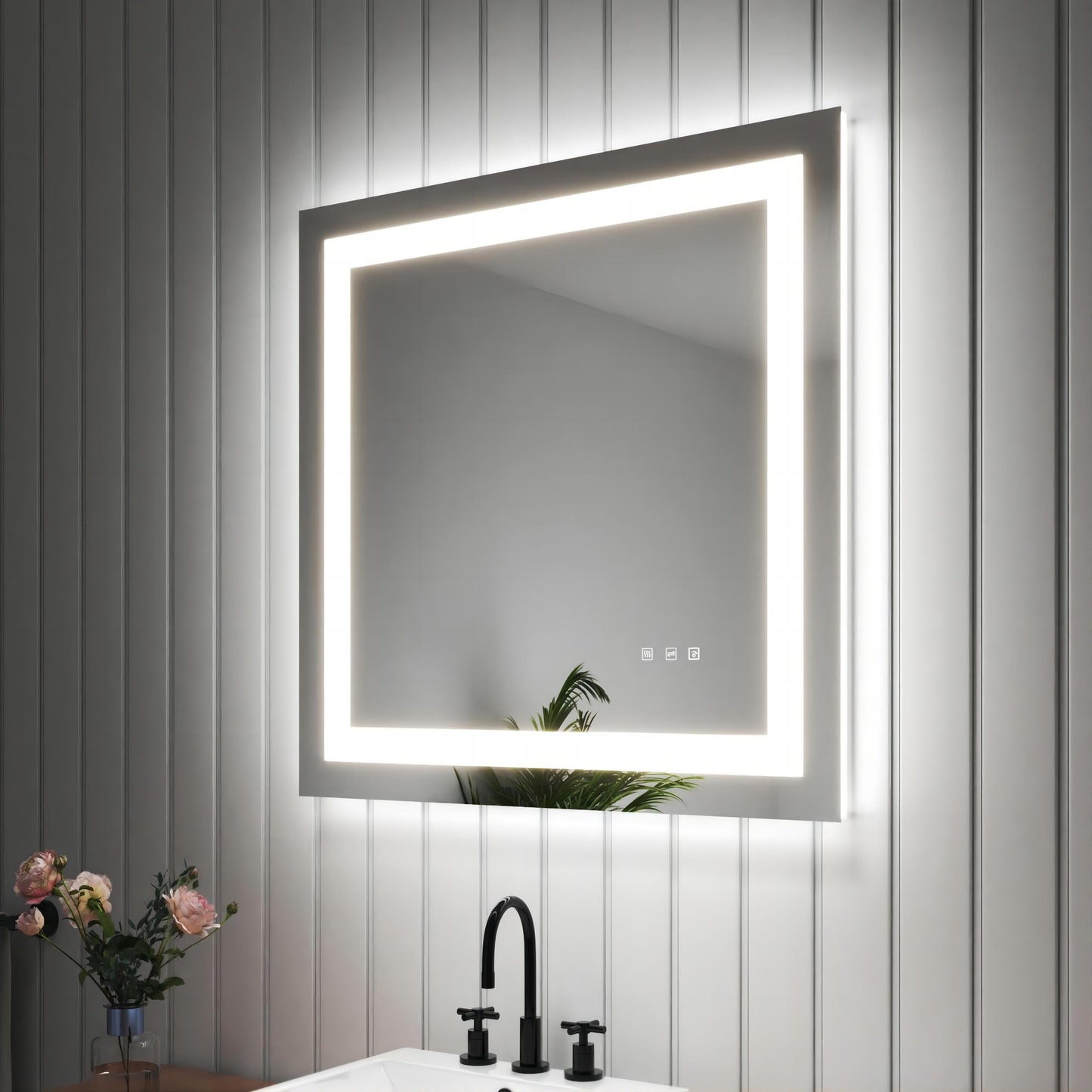 Halo 30 inch Square LED Mirror with Anti-Fog, frameless, wall-mounted