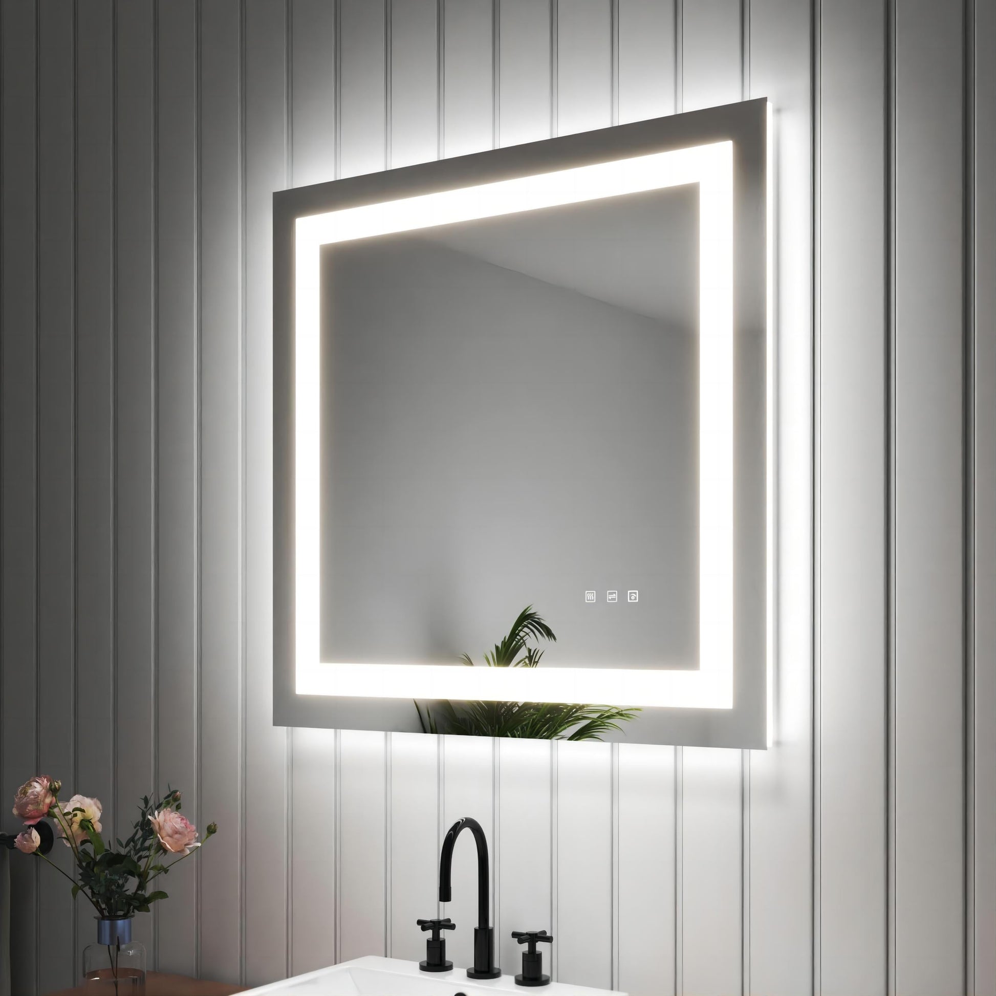 Halo 30 inch Square LED Mirror with Anti-Fog, frameless, wall-mounted
