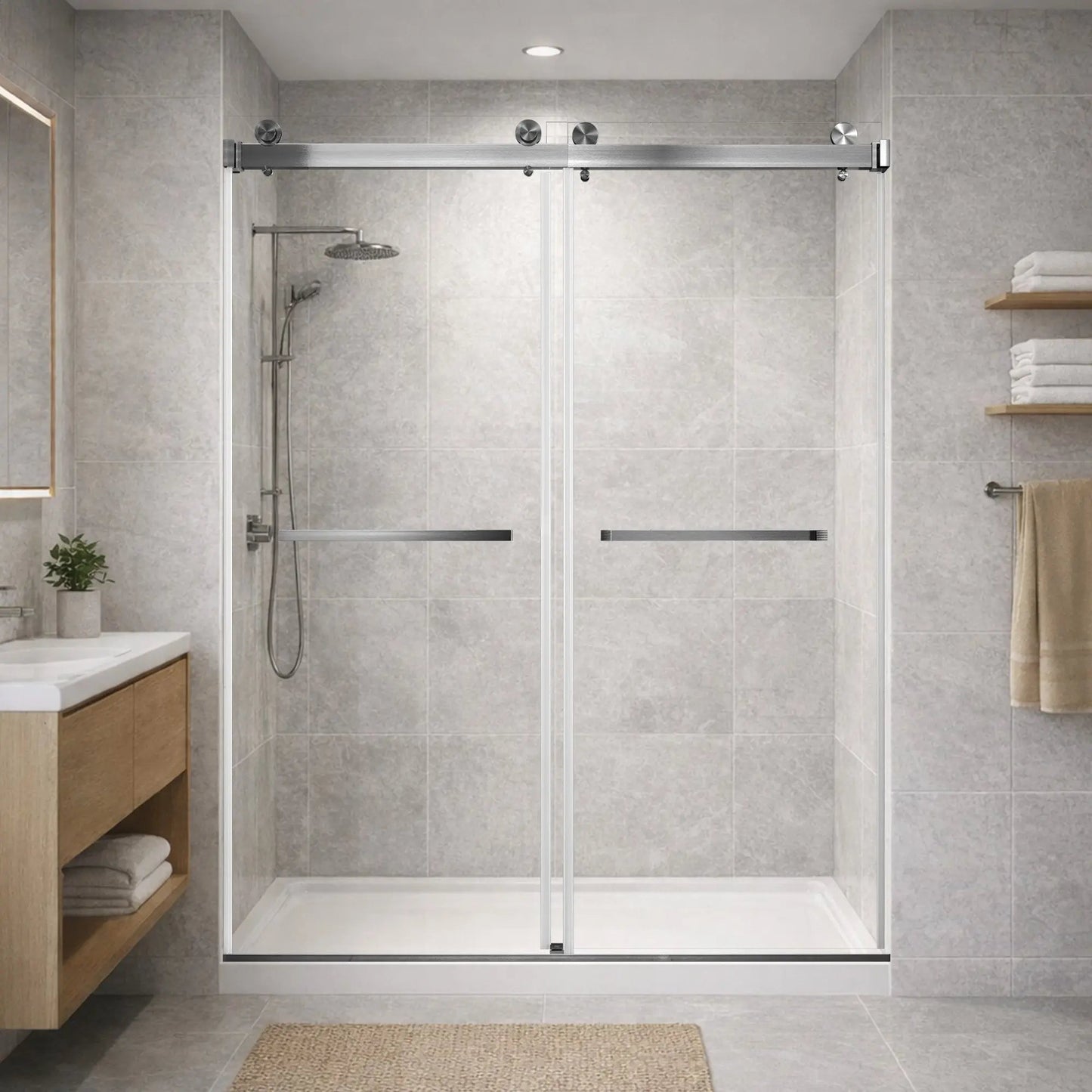 Solstice 76 inch stainless steel large wheel frameless single sliding shower door