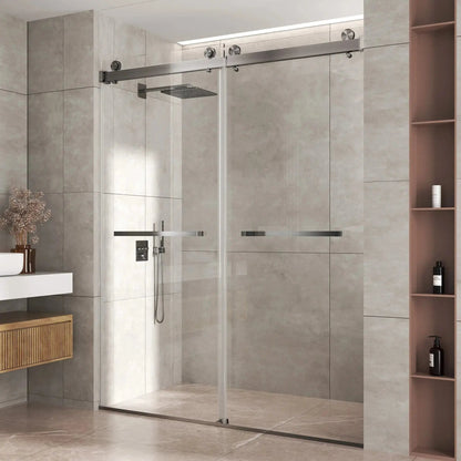 Additional view of the Solstice 76 inch frameless sliding shower door, 3/8 inch tempered glass