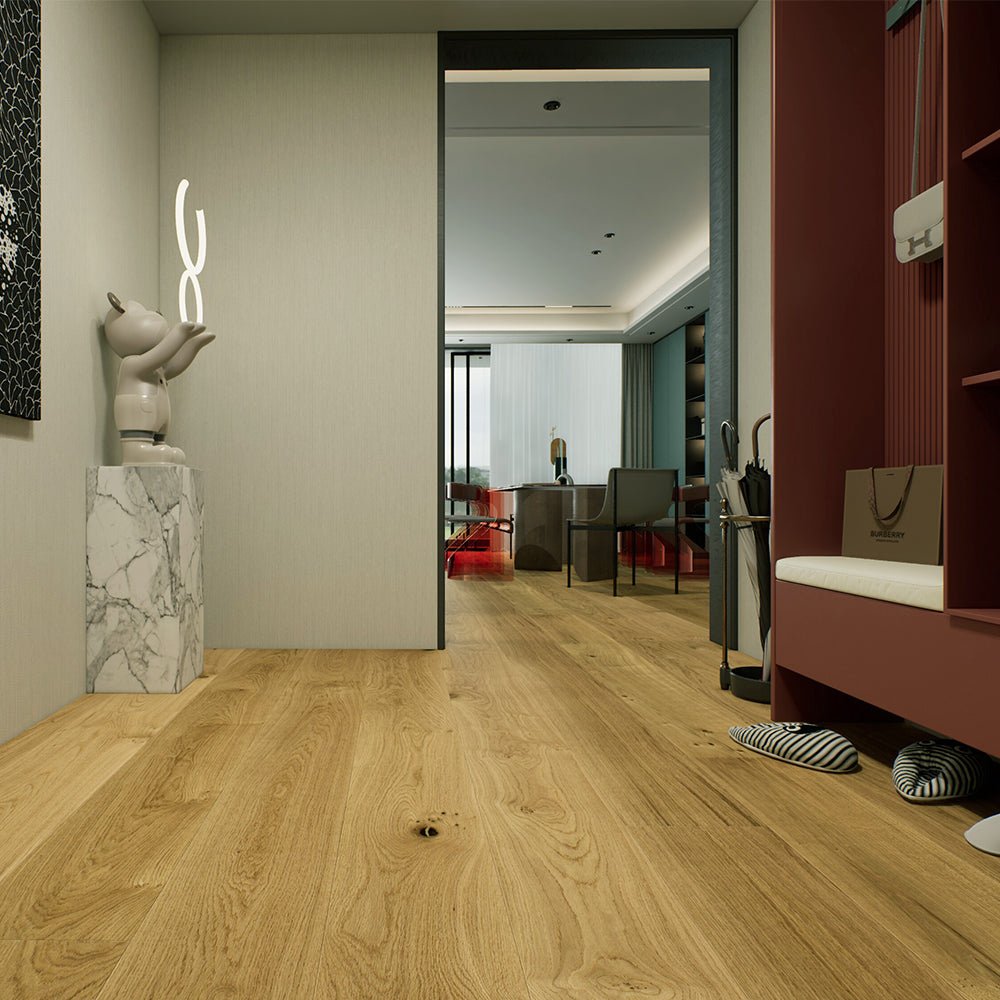 Lusso #207 engineered European oak flooring, 4 mm wear layer, wire brushed, beveled 72 by 7 inch boards