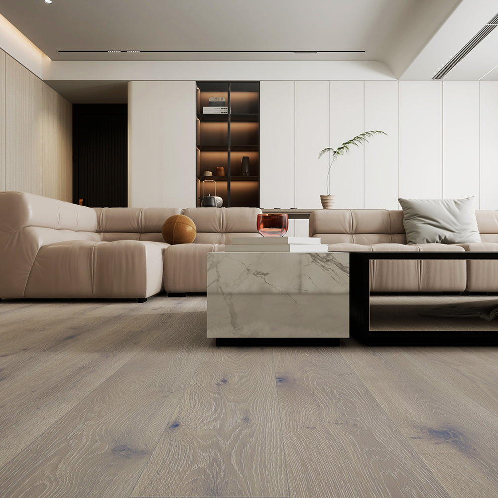 Lusso #216 engineered European oak flooring, character CD grade, 4 mm wear layer, wire brushed