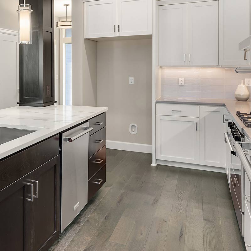 Lusso #224 engineered European oak flooring, character CD grade, beveled 72 by 7 inch boards, wire brushed