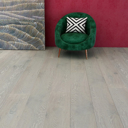 Stella #801 engineered European oak flooring, matte wood look, wire brushed surface, beveled edges, 84 by 10 inch planks