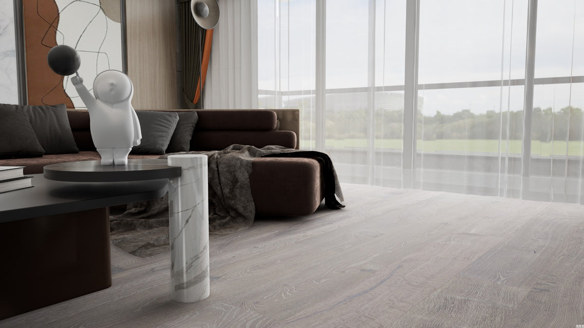 Stella #801 engineered European oak flooring, matte wood look, wire brushed surface, beveled edges, 84 by 10 inch planks