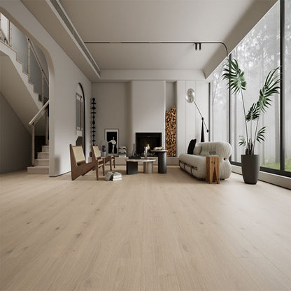 Stella #803 engineered European oak flooring, ultra-matte wood look, wire brushed surface, beveled edges
