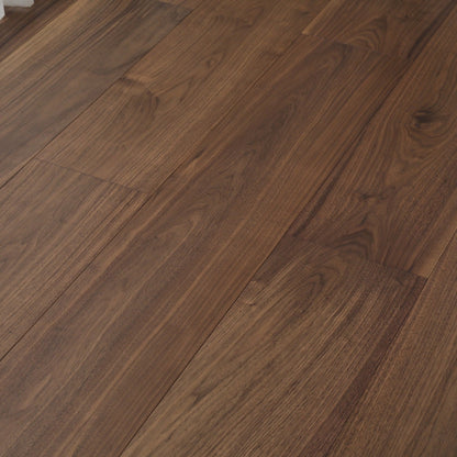 Stella #820 Engineered Wood Flooring in deep chocolate brown American Walnut, close view of the American walnut planks with beveled edges