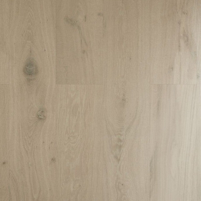 Stella #8306 Engineered Wood Flooring in a pale smoked greige, close view of the European oak planks with beveled edges