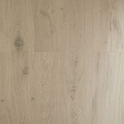 Stella #8306 Engineered Wood Flooring in a pale smoked greige, close view of the European oak planks with beveled edges