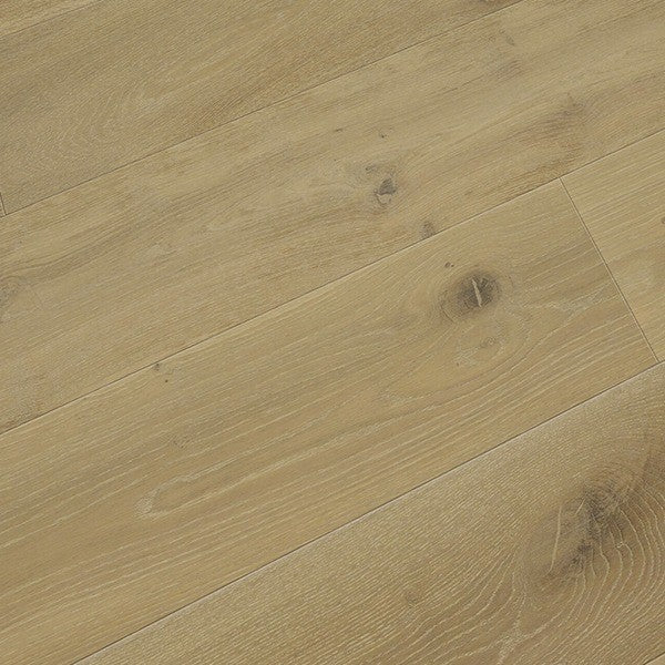 Stella #8307 Engineered Wood Flooring in a smoked natural tone, close view of the European oak planks with beveled edges