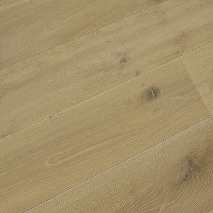 Stella #8307 Engineered Wood Flooring in a smoked natural tone, close view of the European oak planks with beveled edges