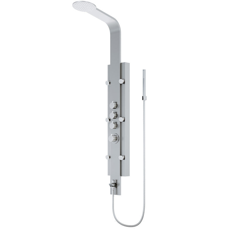 Mateo shower panel system in solid brass with tub spout and side wand, round