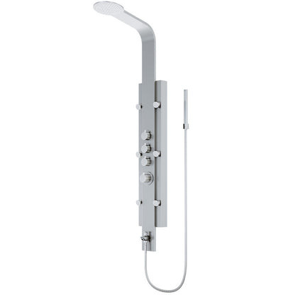Mateo shower panel system in solid brass with tub spout and side wand, round