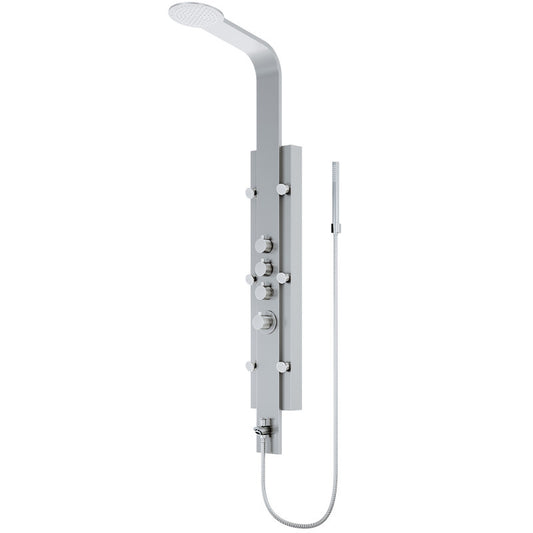 Mateo shower panel system in solid brass with tub spout and side wand, round