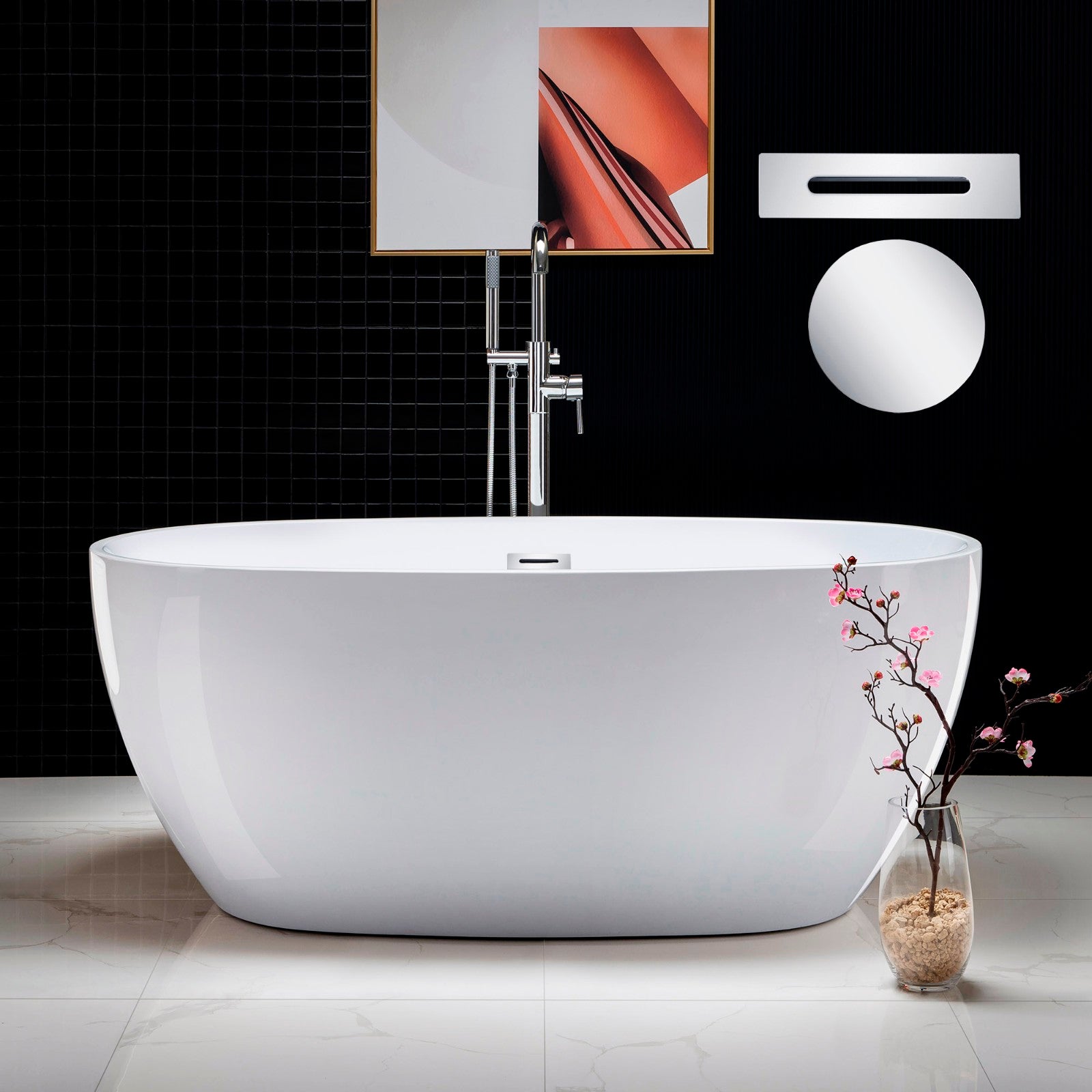 Aerie 59 inch freestanding acrylic soaking bathtub, oval