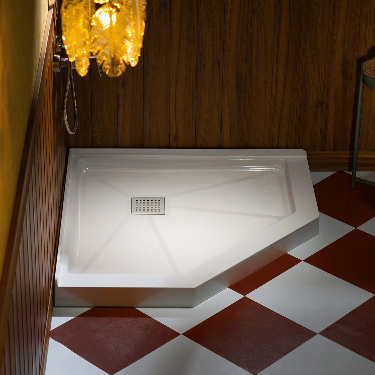 Geo neo-angle corner shower base pan in solid surface SMC, gloss white, center drain