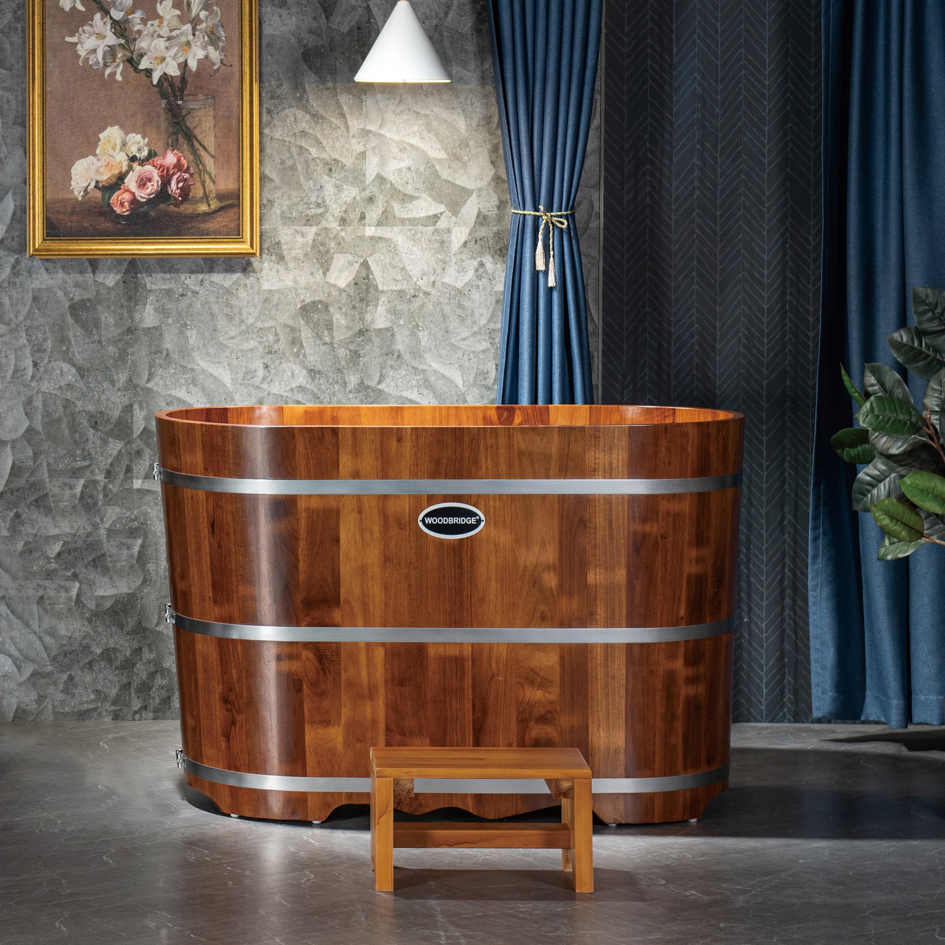 Ki 43 inch freestanding wood soaking bathtub, oval